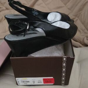 Womens Sz 10 Bandolino Black Patent Leather Wedge Slingbacks